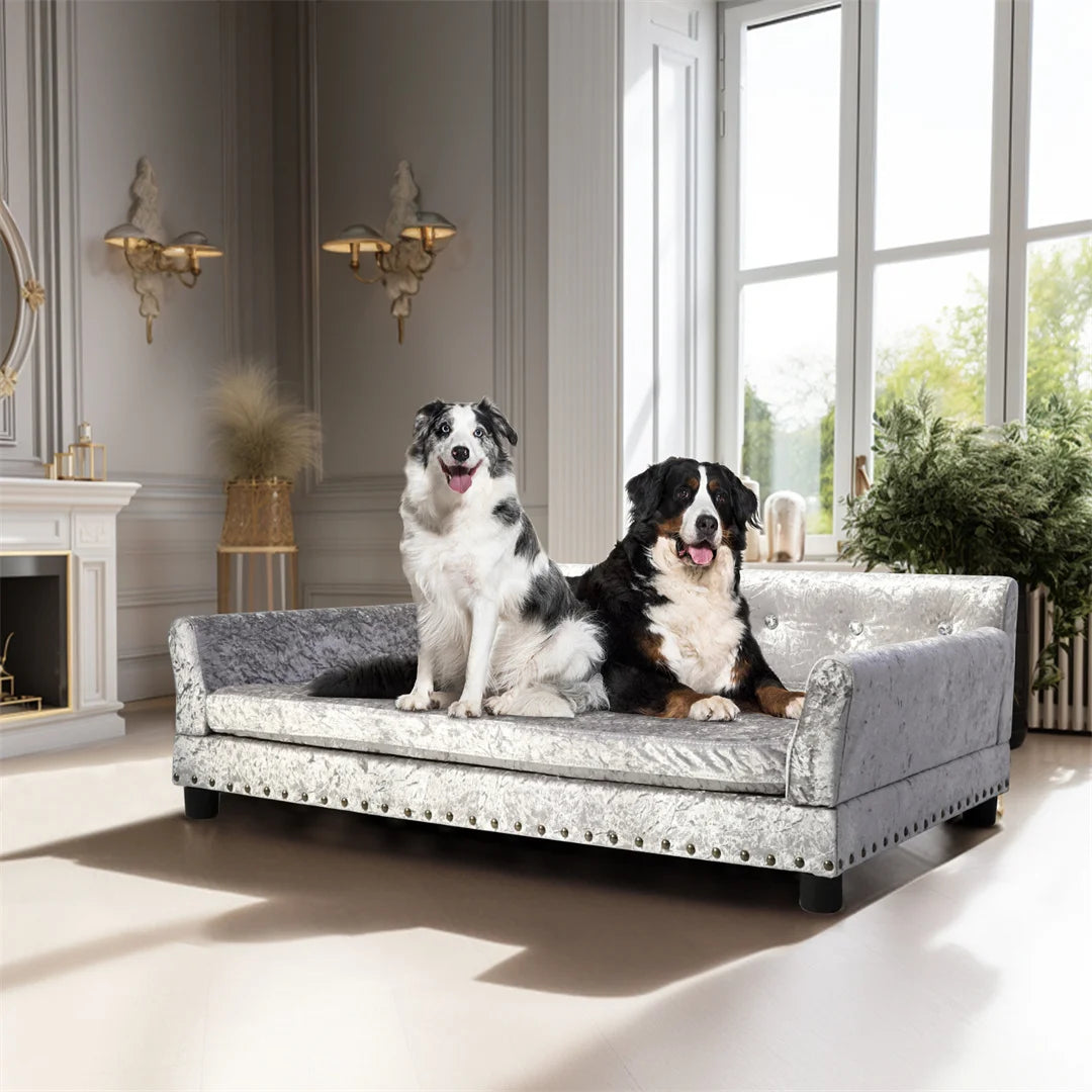 Deluxe Silver Dutch Velvet Dog Couch Bed Sofa with Removable Cushion for Medium to Large Dogs Comfortable Upholstered Pet Sofa