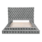Gray King Size Platform Bed with Tufted Headboard, Modern Upholstered Frame, Contemporary Bedroom Furniture