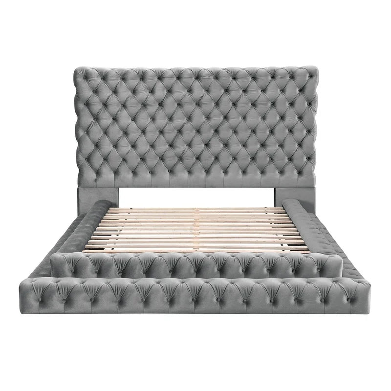 Gray King Size Platform Bed with Tufted Headboard, Modern Upholstered Frame, Contemporary Bedroom Furniture