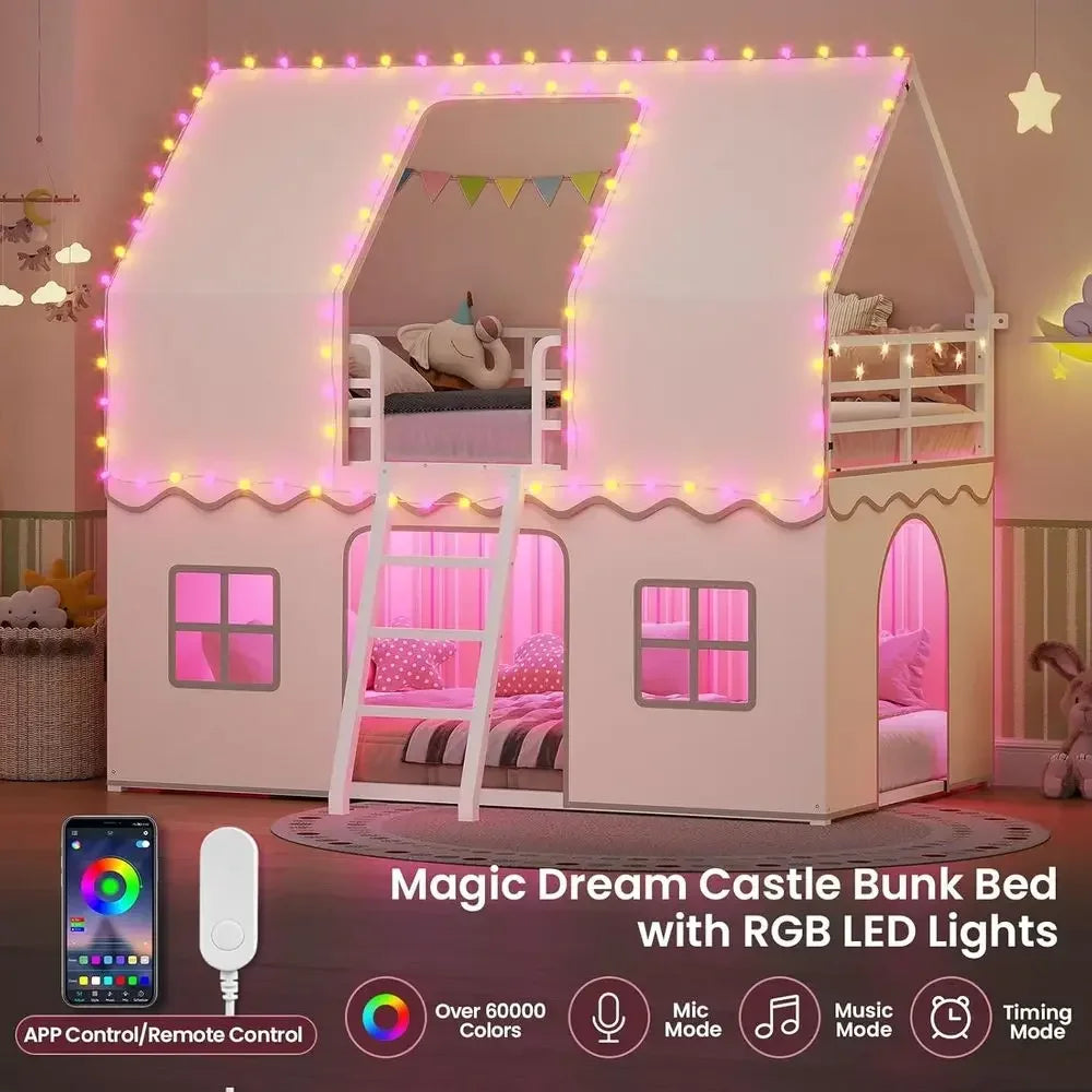 Twin Over Twin Bunk Bed with Play Curtain, LED Lights, Metal Frame, Inclined Ladder, Guardrail, Space-Saving Design