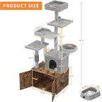 Large Multi-Level Cat Tree with Litter Box Enclosure, Play House, Hammock, Perch, Scratching Post, and Balls - Wooden Cat Furnit