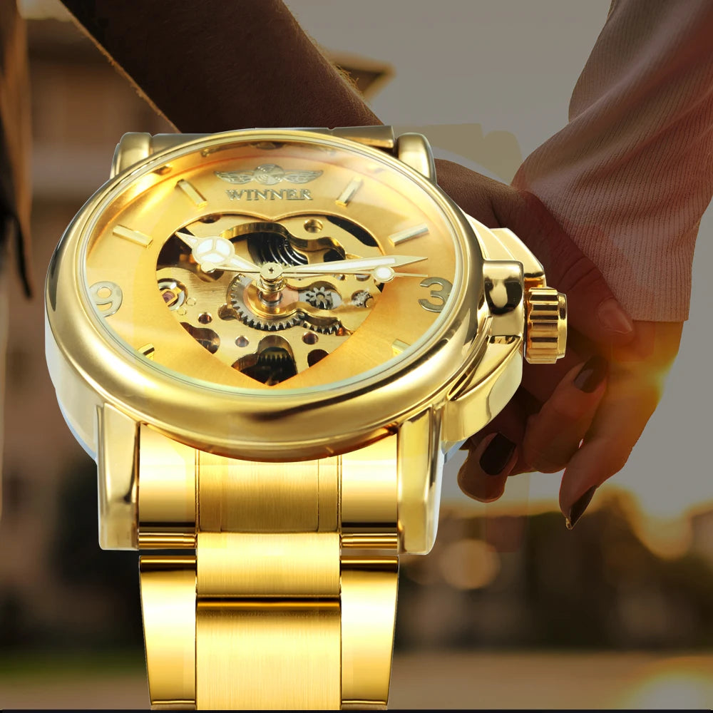 WINNER Fashion Elegant Skeleton Automatic Mechanical Watch for Women Luminous Hands Stainless Steel Strap Business Ladies Watches