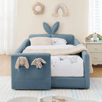 Twin Upholstered Platform Bed with Rabbit-Ear Headboard, Safety Rail, Pocket Storage, Boucle Fabric