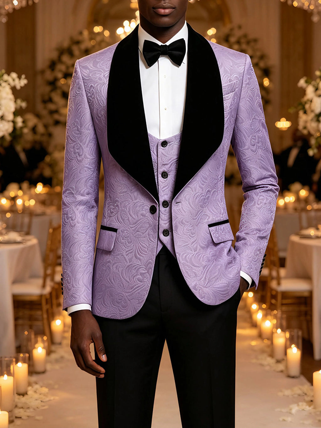 Men Light Blue Jacquard Tuxedo 3 Piece Suit Shawl Black Lapel Slim Fit Blazer Vest Pants Set Wedding Groom Prom Dinner Party Formal Mens Suit