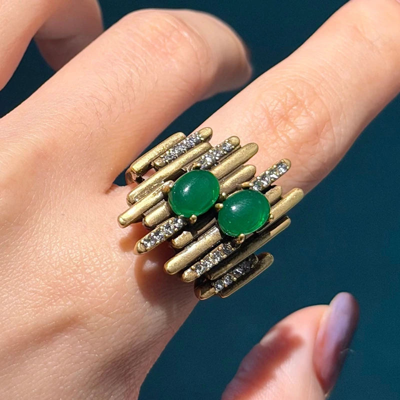 Vintage Minimally 18k Real Gold Color Rings Green Stone Luxury Antique Jewelry High Quality For Woman Valentine Day 2026