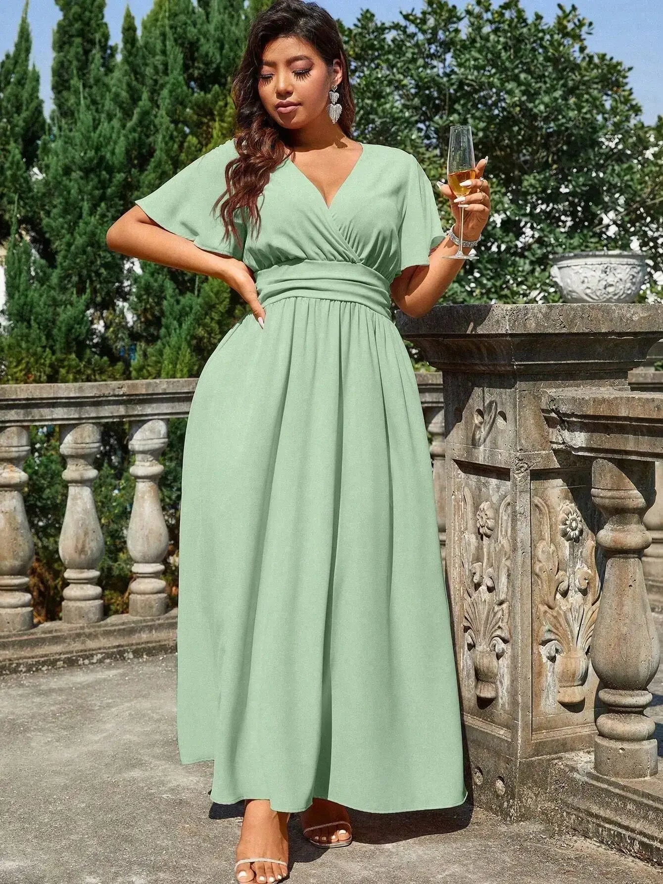 Plus Size Solid Color Wrap V-Neck Maxi Dress For Wedding Formal Occasion