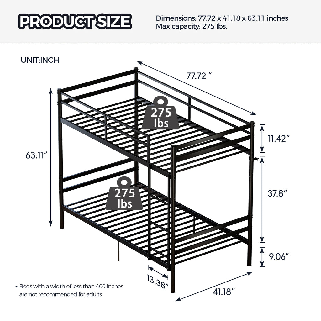 Twin Over Twin Metal Bunk Bed Convertible 2 Single Beds Heavy Duty Noise-Free Frame With Ladder Guardrails No Box Spring Needed Black