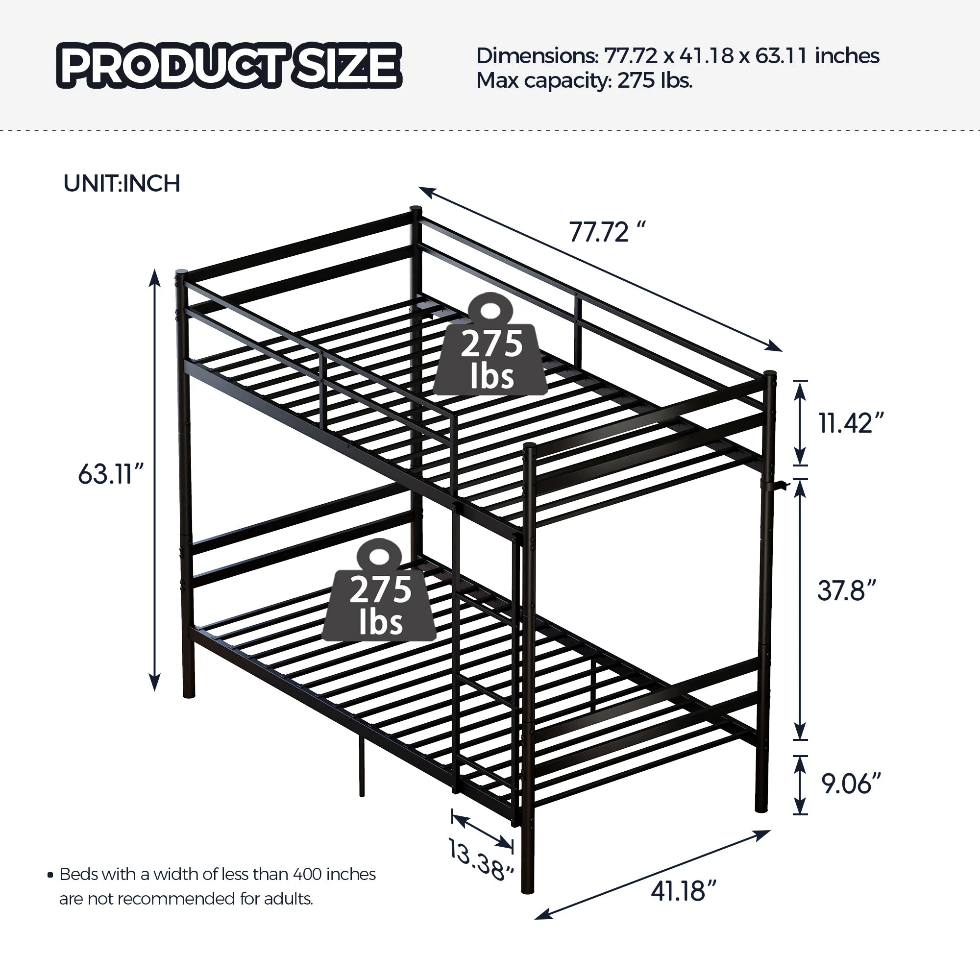 Twin Over Twin Metal Bunk Bed Convertible 2 Single Beds Heavy Duty Noise-Free Frame With Ladder Guardrails No Box Spring Needed Black