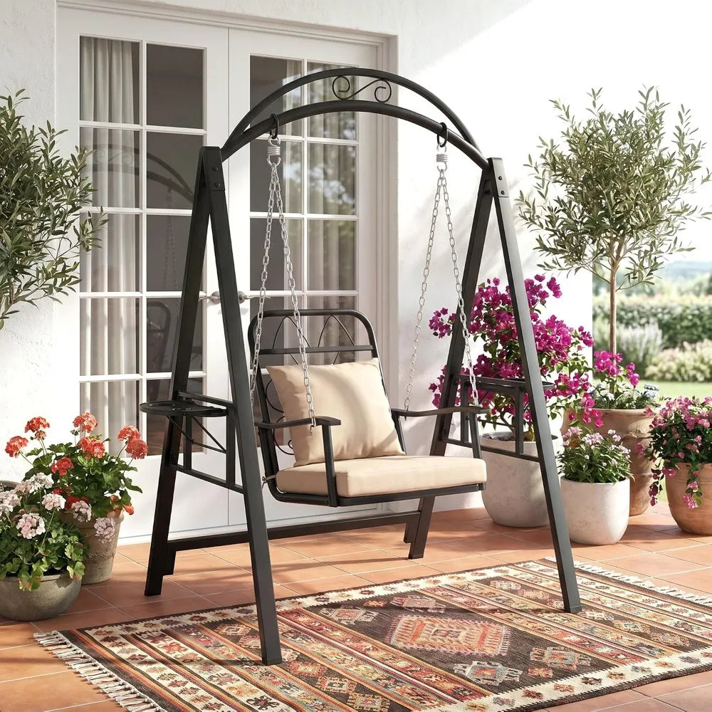 Porch Swing with Stand for Adults - Heavy-Duty Metal, Cushioned, Cup Holders, Adjustable, Easy Assembly