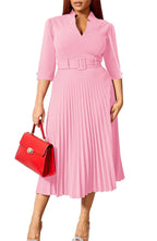 Womens V Neck Business Casual Shirt Dress With 3/4 Sleeves Pleated Midi Skirt And Belt