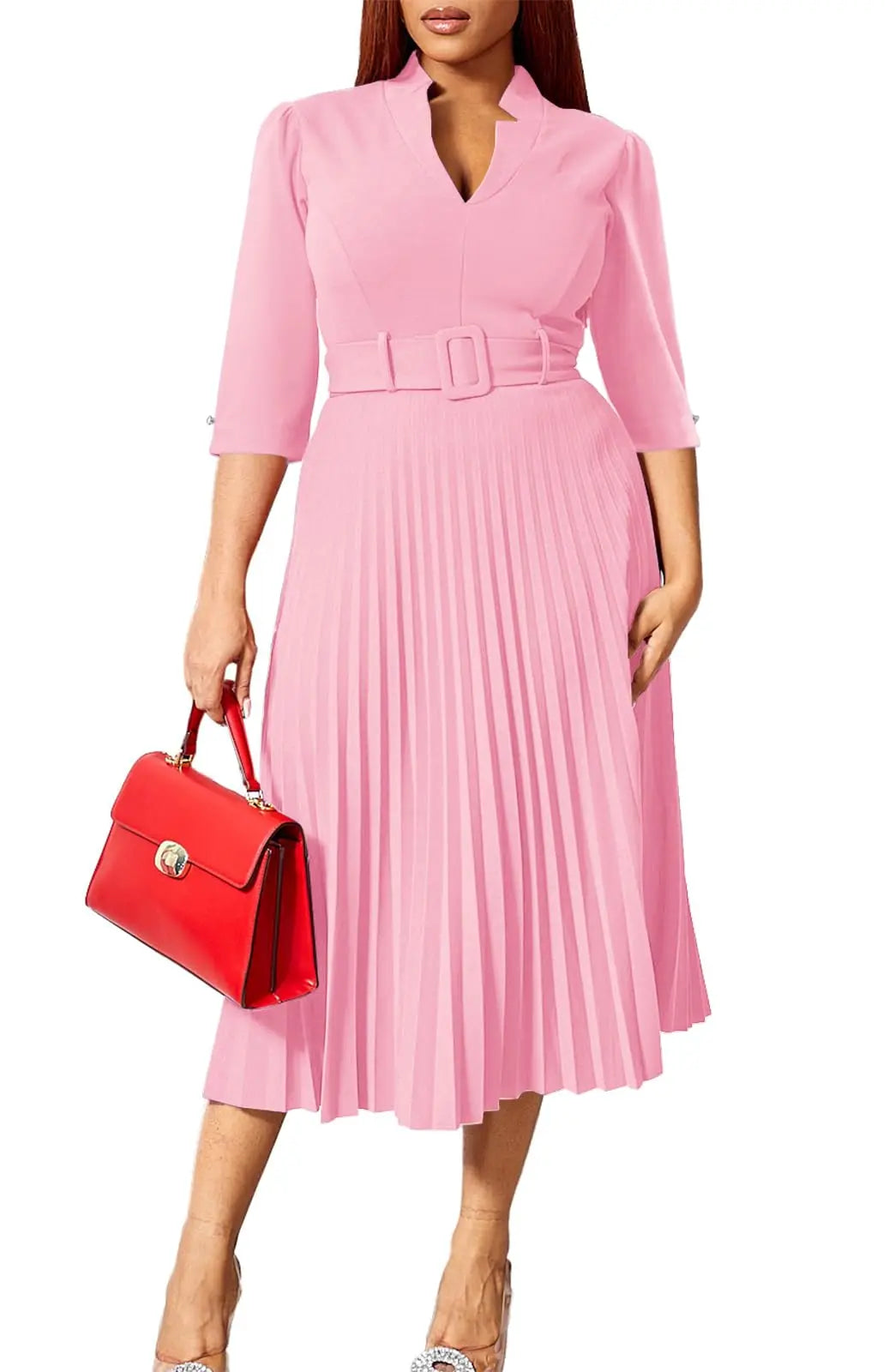 Womens V Neck Business Casual Shirt Dress With 3/4 Sleeves Pleated Midi Skirt And Belt