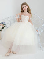Champagne Flower Girl Dress Long Sleeve Lace Tulle Ball Gown with Bow Back Train Pageant Party Dress