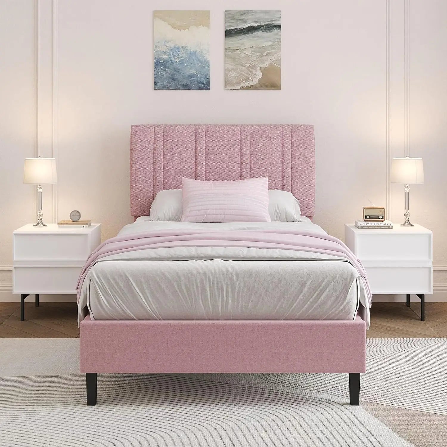 Twin Bed Frame with Adjustable Upholstered Headboard, Linen Fabric Platform Bed with Heavy Duty Wood Slats, Noise-Free,, Custom