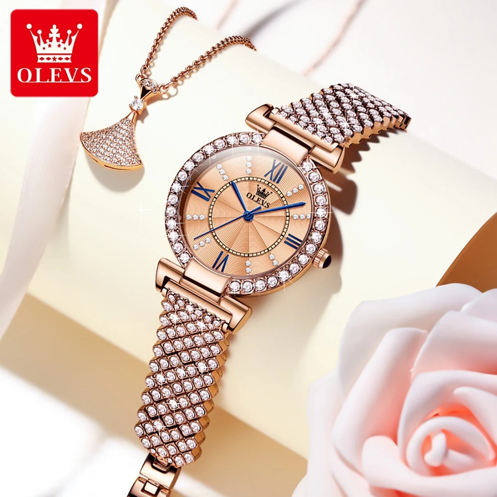 OLEVS 9942 Fashion Quartz Movement Watch For Women Full Of Diamond-set Strap Roman Scale Dial 30m Waterproof Luminous Watch
