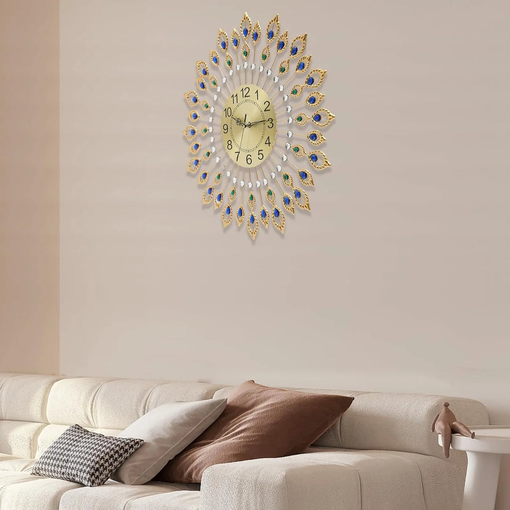 Wall Clock, 26.4" Peacock Wall Clock, Wall Mounted Decorative Clocks Gold, Modern 3D Clocks , Large Round Metal Silent Non-Ticking, for Living Room Decor