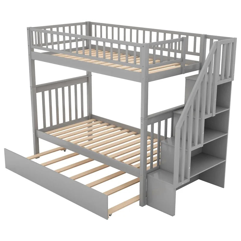 Gray Twin Over Twin Bunk Bed with Trundle and Storage