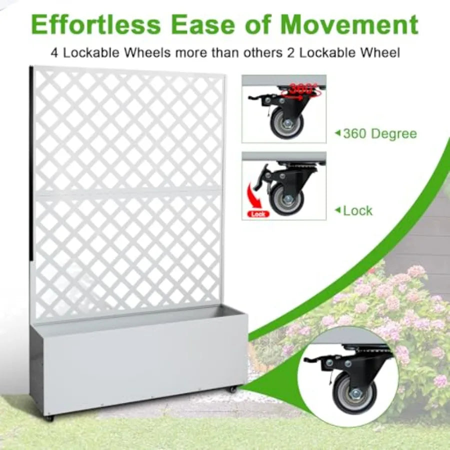 Metal Planter Box with Trellis 73"x47"x12" Raised Garden Bed with Trellis and Wheels Outdoor Garden Box with Privacy Screen and