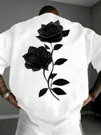 Men's White Cotton Graphic Tee, Oversized Black Rose Print T-Shirt, Streetwear Crew Neck Top, Loose Fit Y2K Style Casual Tee,