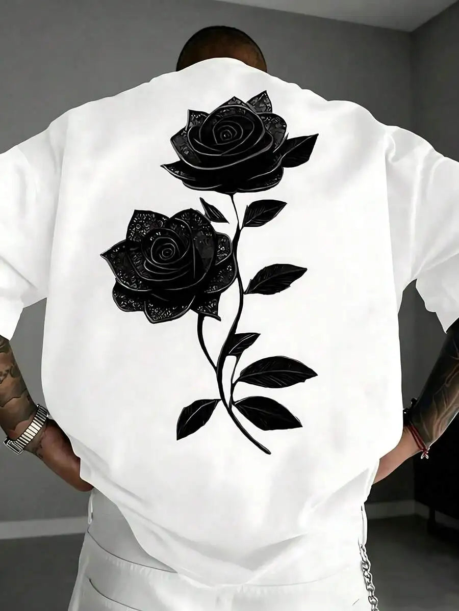 Men's White Cotton Graphic Tee, Oversized Black Rose Print T-Shirt, Streetwear Crew Neck Top, Loose Fit Y2K Style Casual Tee,