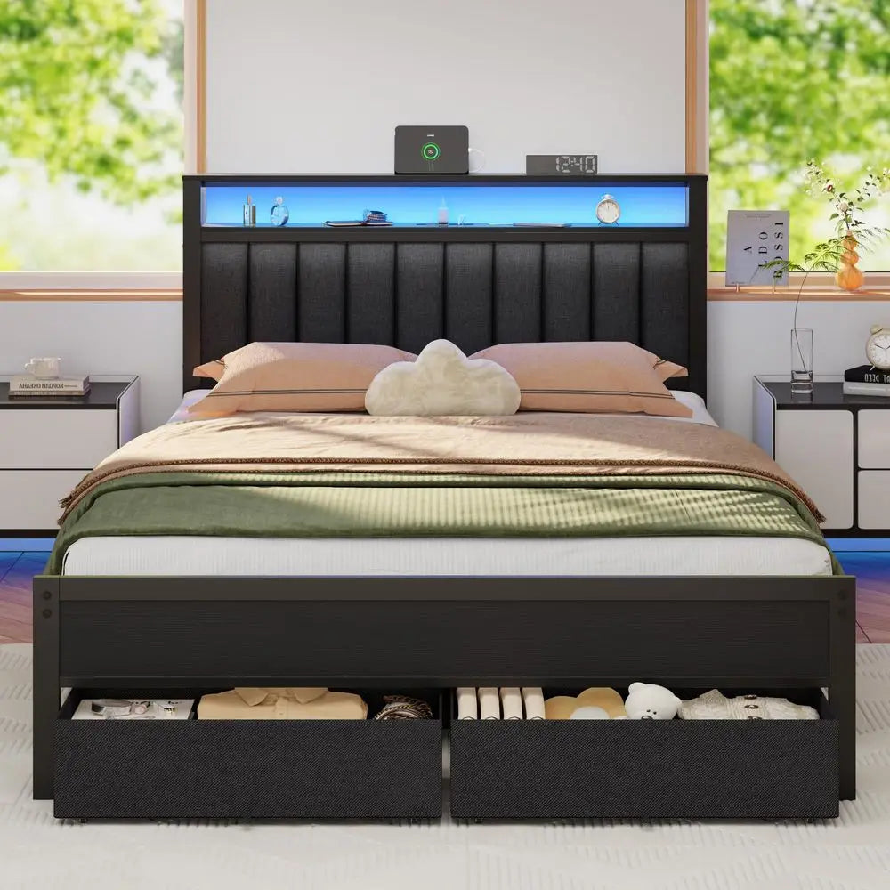 Queen Bed Frame with Charging Station and LED Lights, Grey Upholstered Headboard with Shelves, Metal Platform Bed with 2 UnderB