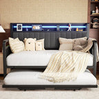 Daybed With Trundle And Led Light, Heavy Duty Metal Twin Bed Frame With Upholstered Storage Headboard & Charging Station, Pop Up Trundle Bed For Living Room, Bedroom And Guest Room