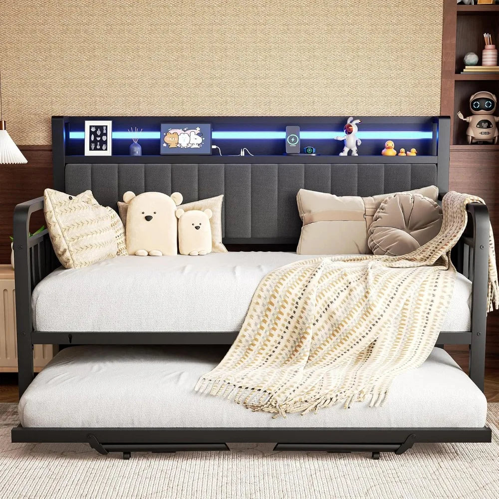 Daybed With Trundle And Led Light, Heavy Duty Metal Twin Bed Frame With Upholstered Storage Headboard & Charging Station, Pop Up Trundle Bed For Living Room, Bedroom And Guest Room