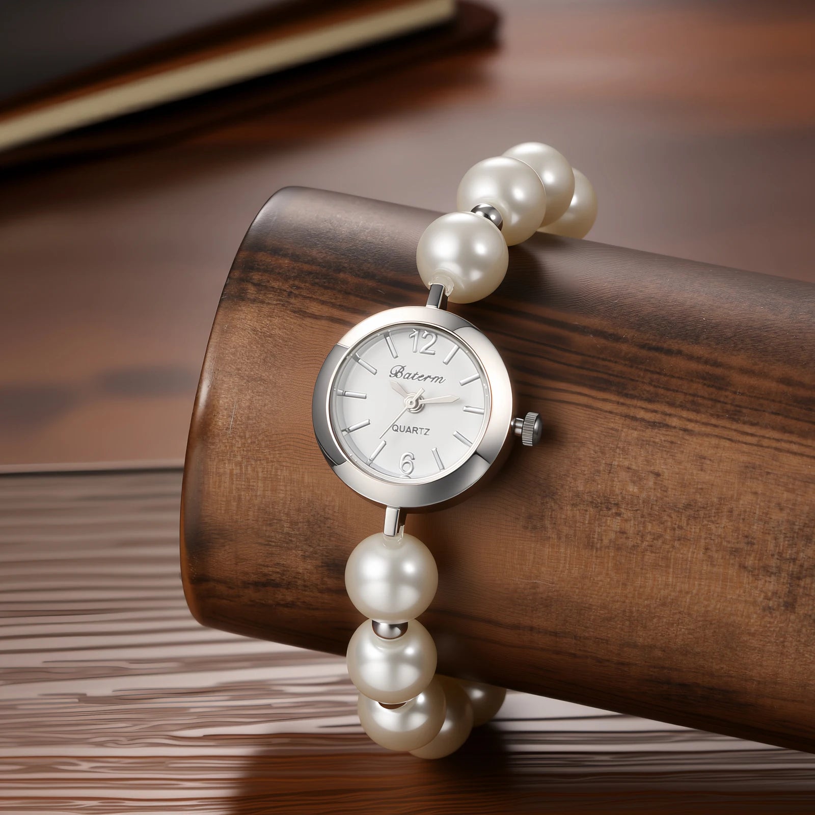 Women's faux pearl beaded bracelet watch, adjustable sliding clasp strap, quartz analog dial, faux diamond embellishments, Arabic numeral markers, stylish and exquisite, a perfect gift for girls and women