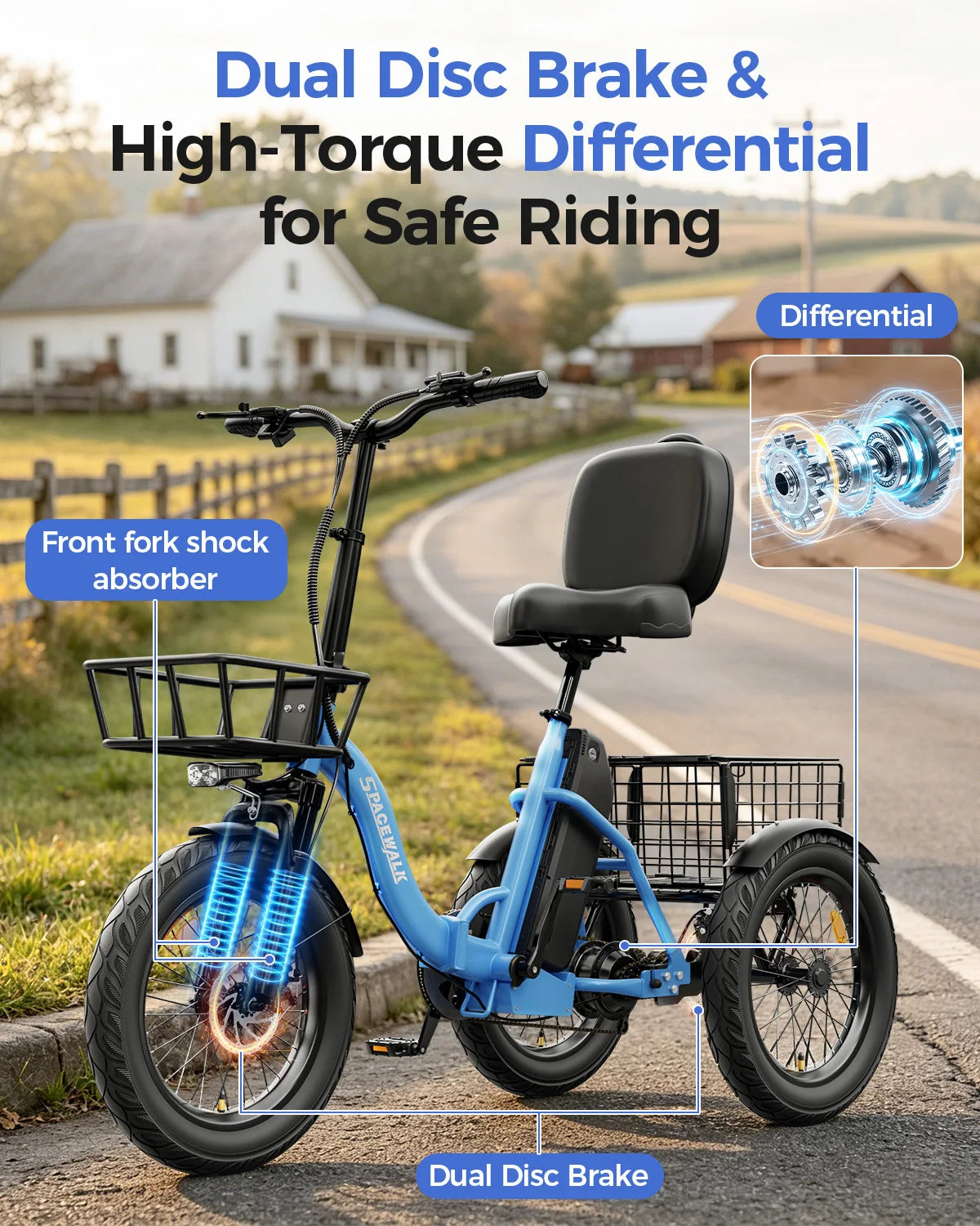 Spacewalk Electric Tricycle for Adults, Folding Trike Bike for Adults | 748.8Wh Removable Battery, Peak 1200W Motor, 18*3.0 Fat Tire, Step-Thru Electric Tricycle, Up to 60 Miles, 18MPH
