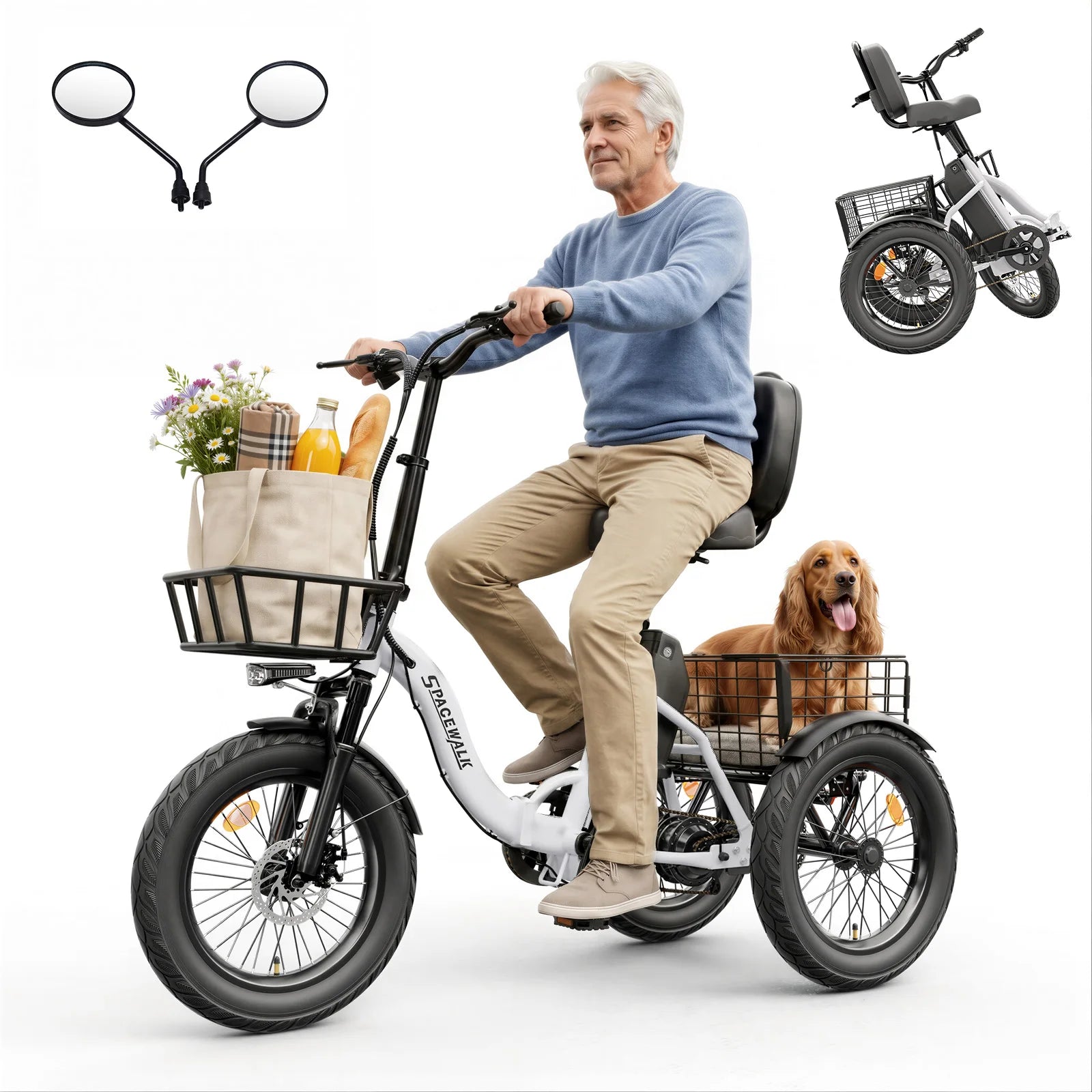 Spacewalk Electric Trike for Adults 1200W Peak Motor, 48V 15Ah Fat Tire 3 Wheel Electric Bike, 60 Miles Long Range Folding Cargo E Bike with Rear Basket, Adjustable Backrest Seat for Seniors-White