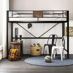 Twin Size Metal Bed Frame with Ladder, Rustic Style, No Box Spring Needed, Space-Saving for Bedrooms or Dorms
