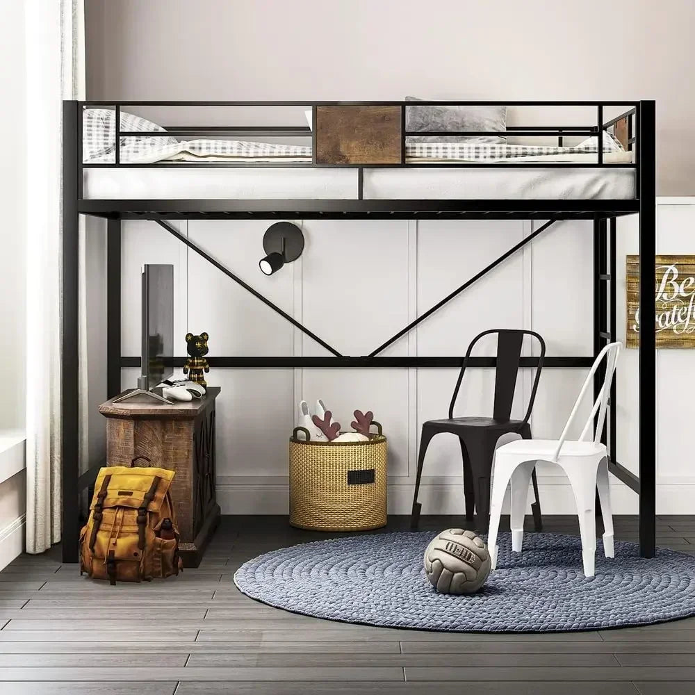 Twin Size Metal Bed Frame with Ladder, Rustic Style, No Box Spring Needed, Space-Saving for Bedrooms or Dorms