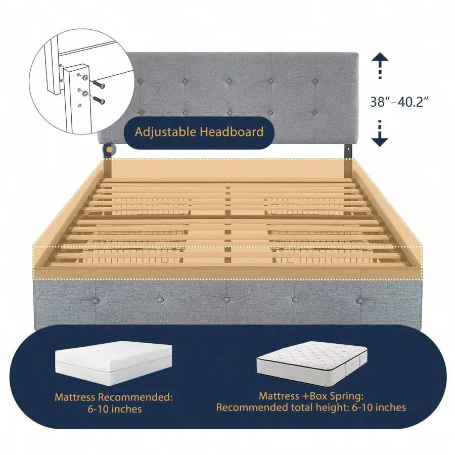 Full/Queen/King Platform Bed Frame With 4 Storage Drawers, Adjustable Headboard, Faux Leather Button Tufted Square Stitched Design, Wooden Slats, Noise-Free, No Box Spring Needed, Easy Assembly, Light Grey