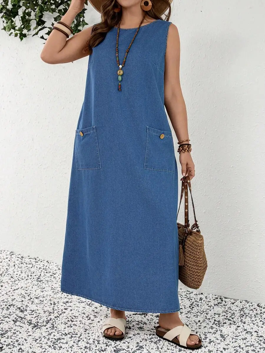 Mature Denim Plus Size Women Loose Fit Denim Sleeveless Shift Dress,Valentine's Day,Summer,Carnival,Beach,Party,Elegant Party
