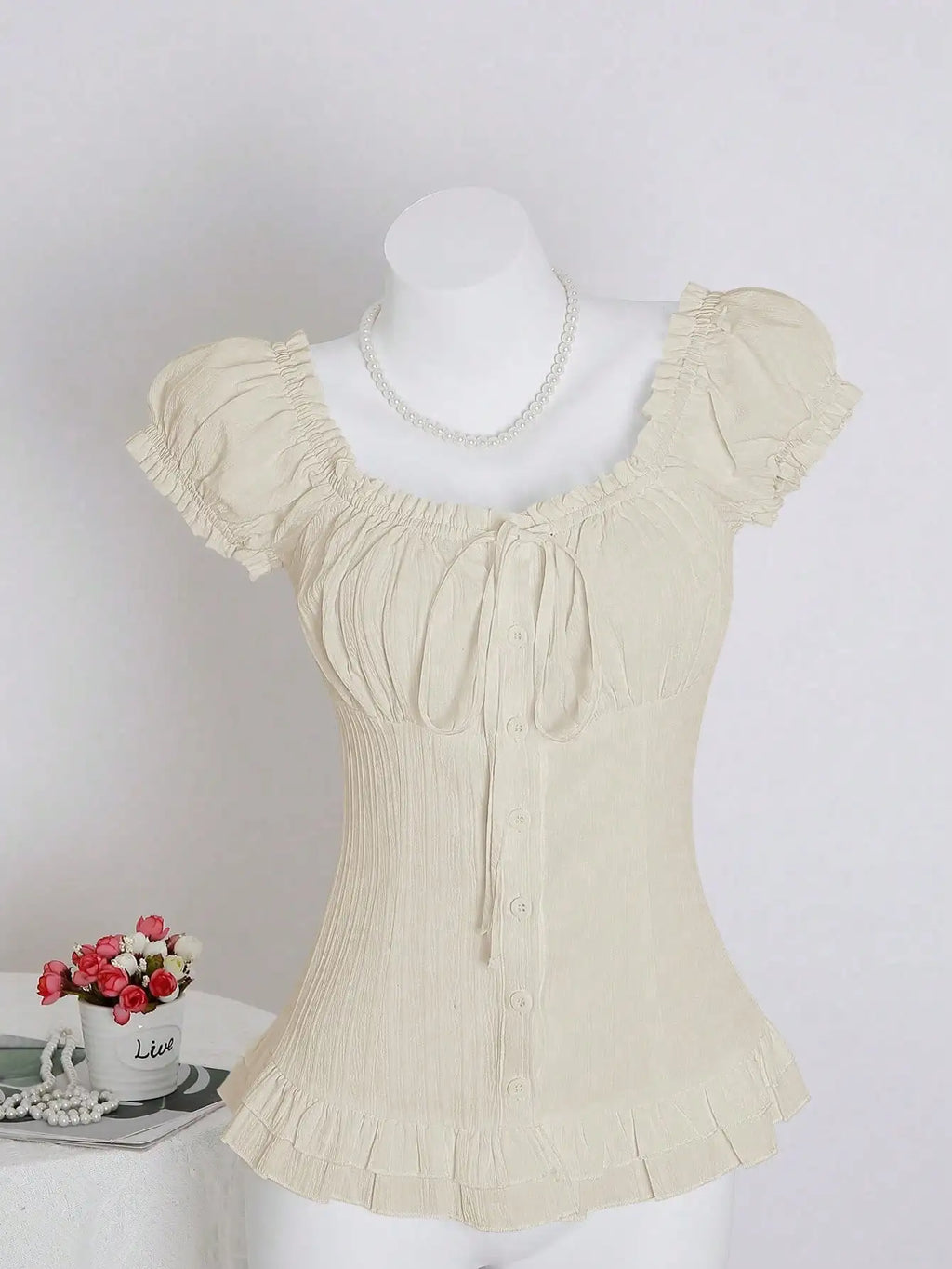 Womens Summer Solid White Ruffle Short Sleeve Blouse