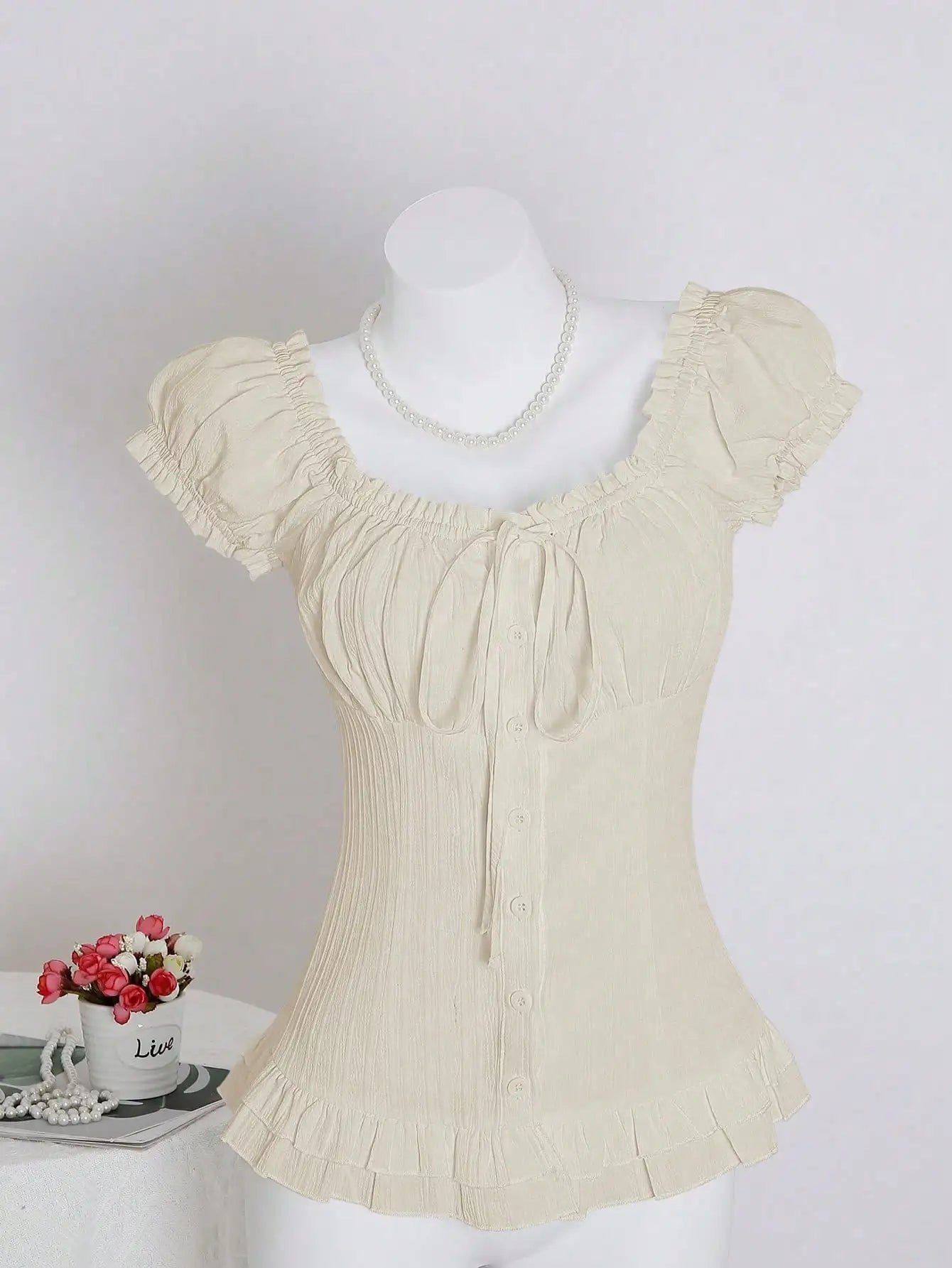 Womens Summer Solid White Ruffle Short Sleeve Blouse