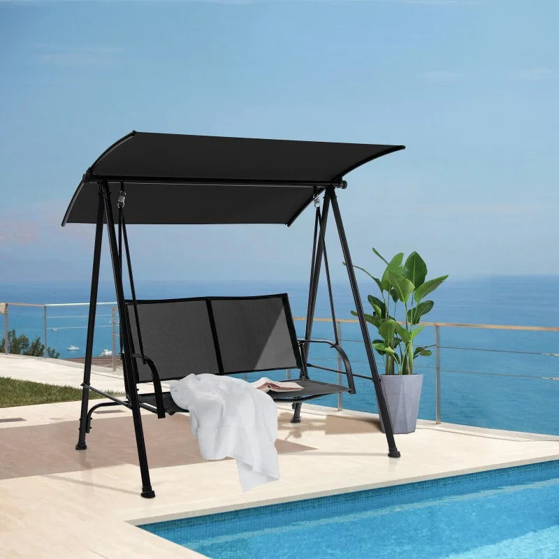 2-Seat Patio Swing Porch Swing w/ Adjustable Canopy for Garden Black Outdoor Furniture