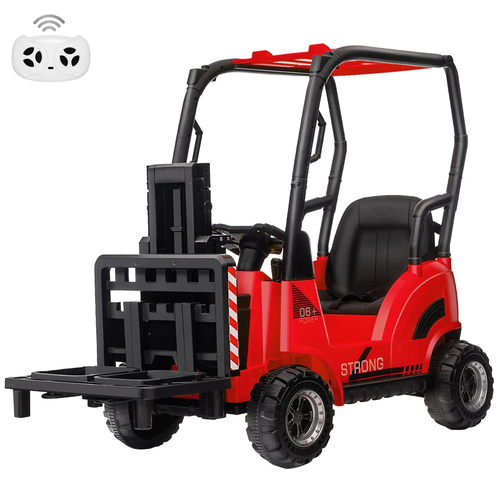 12V Kids Ride on Forklift Car with Tent, Electric Ride On Construction Car with Remote Control, Liftable Fork and Pallet, 2 Speeds, Music, USB, MP3 and Low-Power Alarm
