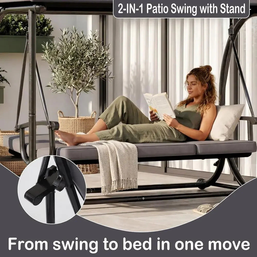 Adjustable 2-in-1 Porch Swing Bed with Cushion, Outdoor Swing Bench, Grey