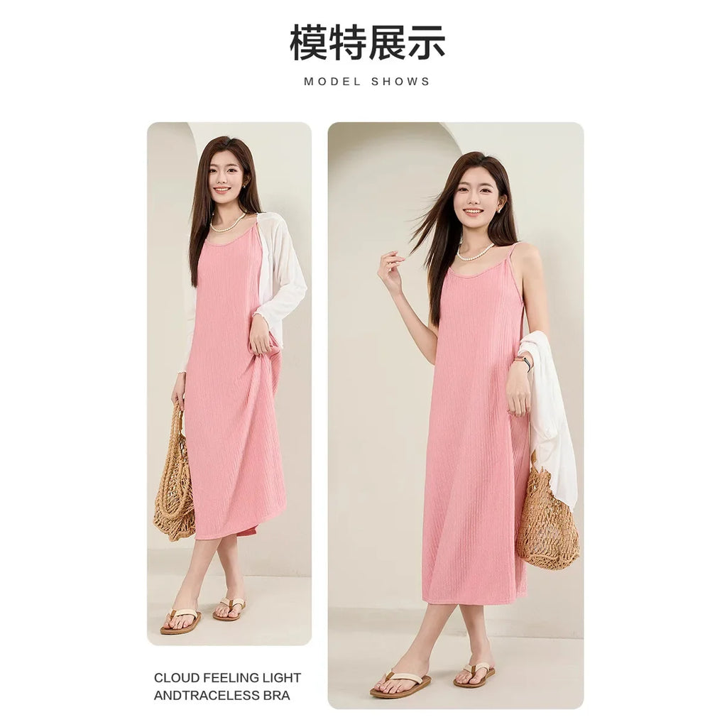 Original Black White Chiba Pleated Suspender Slimming Dress Women Casual Loose Drooping All-Match Dress