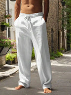 Men White Linen Loose Casual Long Pants For Spring Summer Autumn
