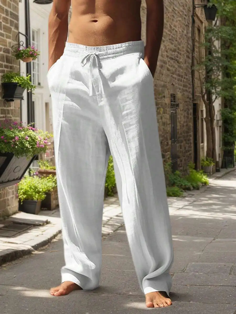 Men White Linen Loose Casual Long Pants For Spring Summer Autumn