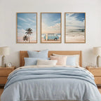Set of 3 Framed Coastal Seaside Canvas Wall Art Prints 16 X 24 Inch Each, Blue Sky Palm Tree Surfboard Summer Van Bus Ocean Beach Artwork for Living Room Bedroom Dining Room Indoor Wall Decor