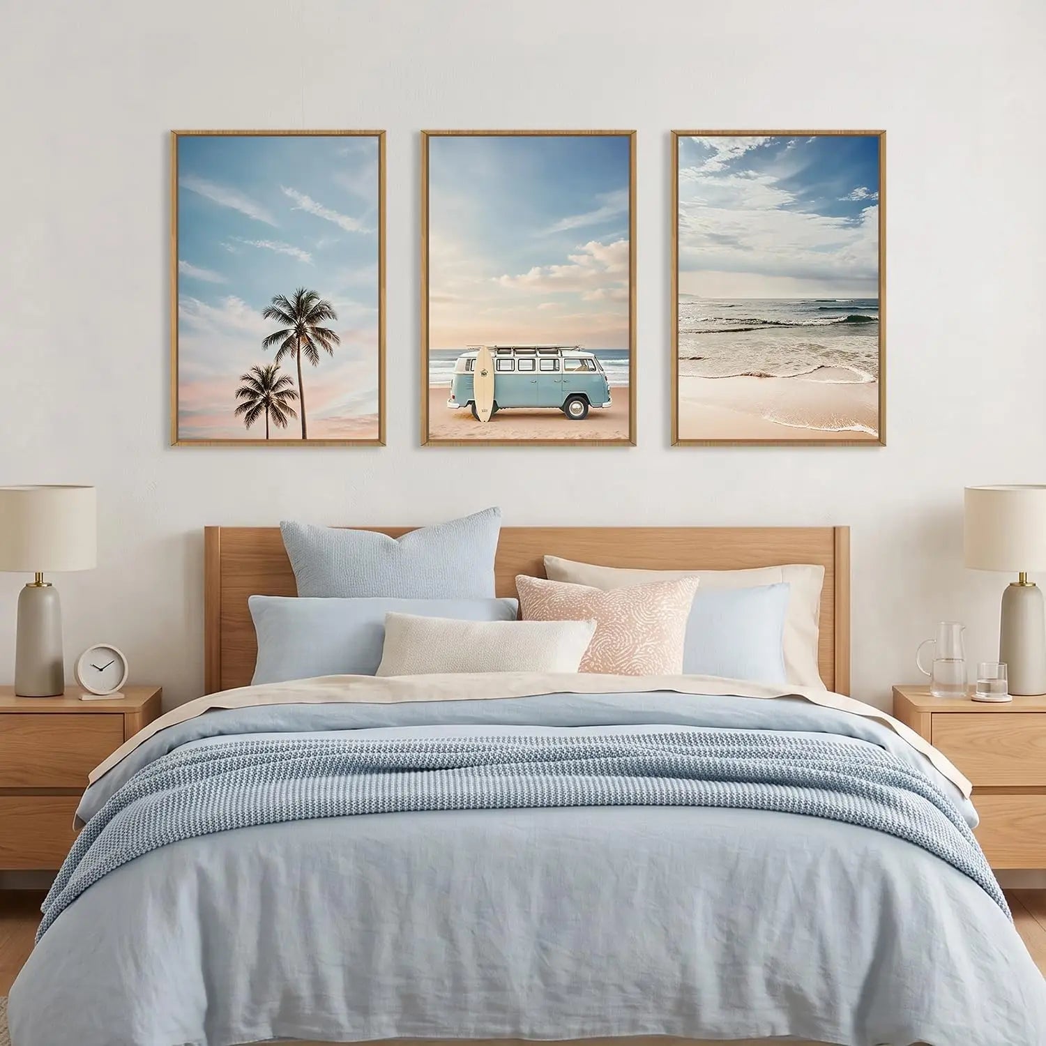 Set of 3 Framed Coastal Seaside Canvas Wall Art Prints 16 X 24 Inch Each, Blue Sky Palm Tree Surfboard Summer Van Bus Ocean Beach Artwork for Living Room Bedroom Dining Room Indoor Wall Decor