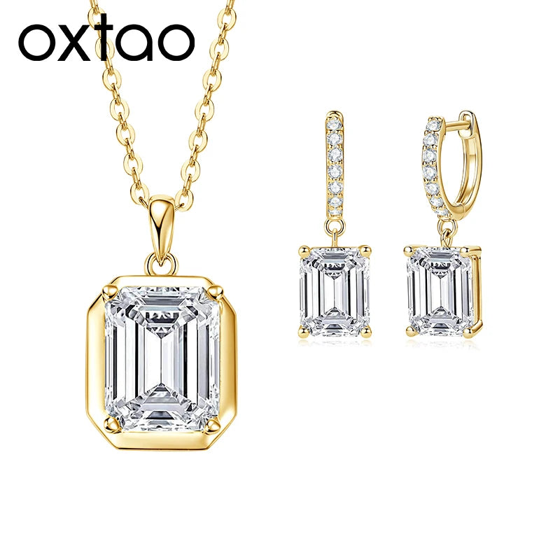 OXTAO Drop Earrings Necklace Jewelry Set D VVS1 with Certified Emerald Cut Moissanite Pendant Necklace for Women Luxury Anniversary Gift