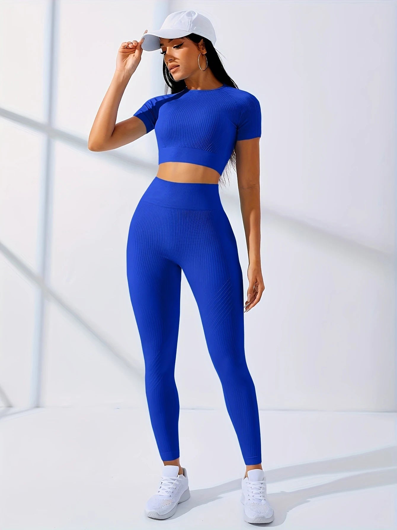 Workout Sets Outfits for Women – Yoga Leggings with Short Sleeve Crop Top, Slim Fit Tummy Control Butt Lifting Waist Shaping, Seamless Ribbed Texture, Breathable Soft Fabric, Non-Pilling, Perfect for Fall Winter Gym Yoga Ru