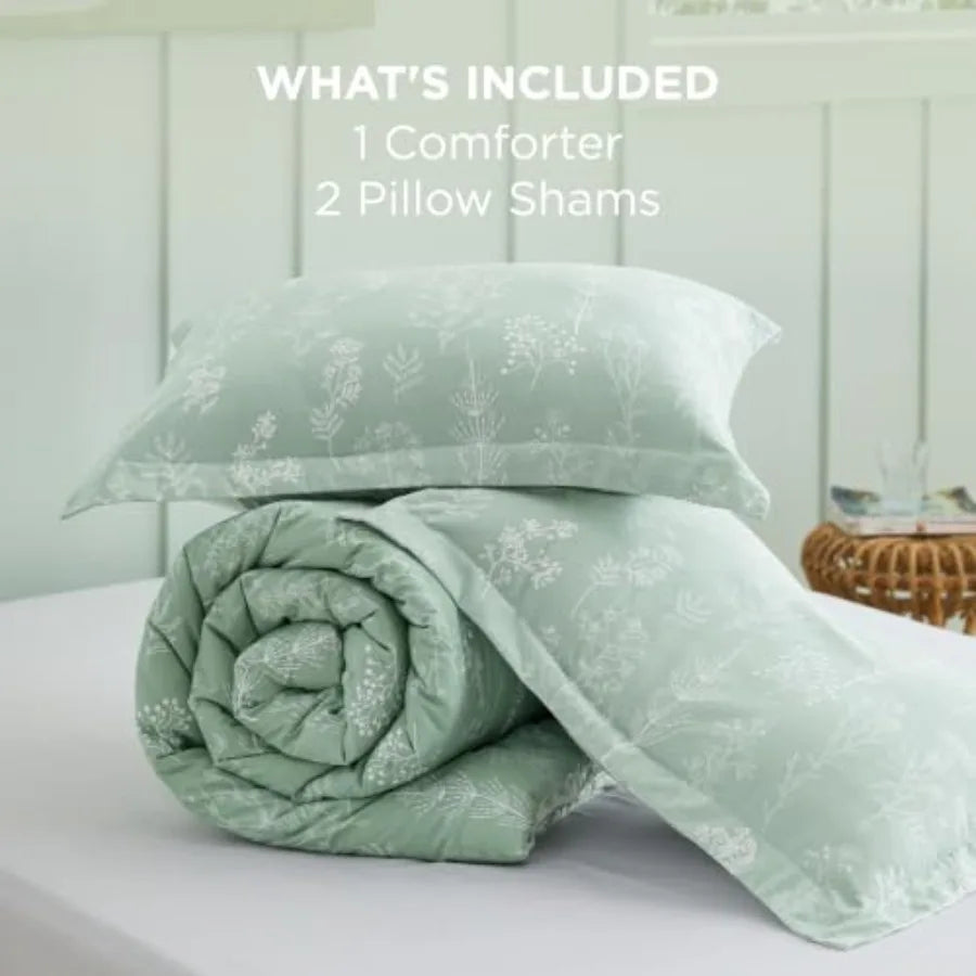 Comforter Set - Sage Green Bed Set, 3 Pieces Lightweight Summer Cute Floral Bedding, 1 Soft Reversible Botanical Flowers Comfor