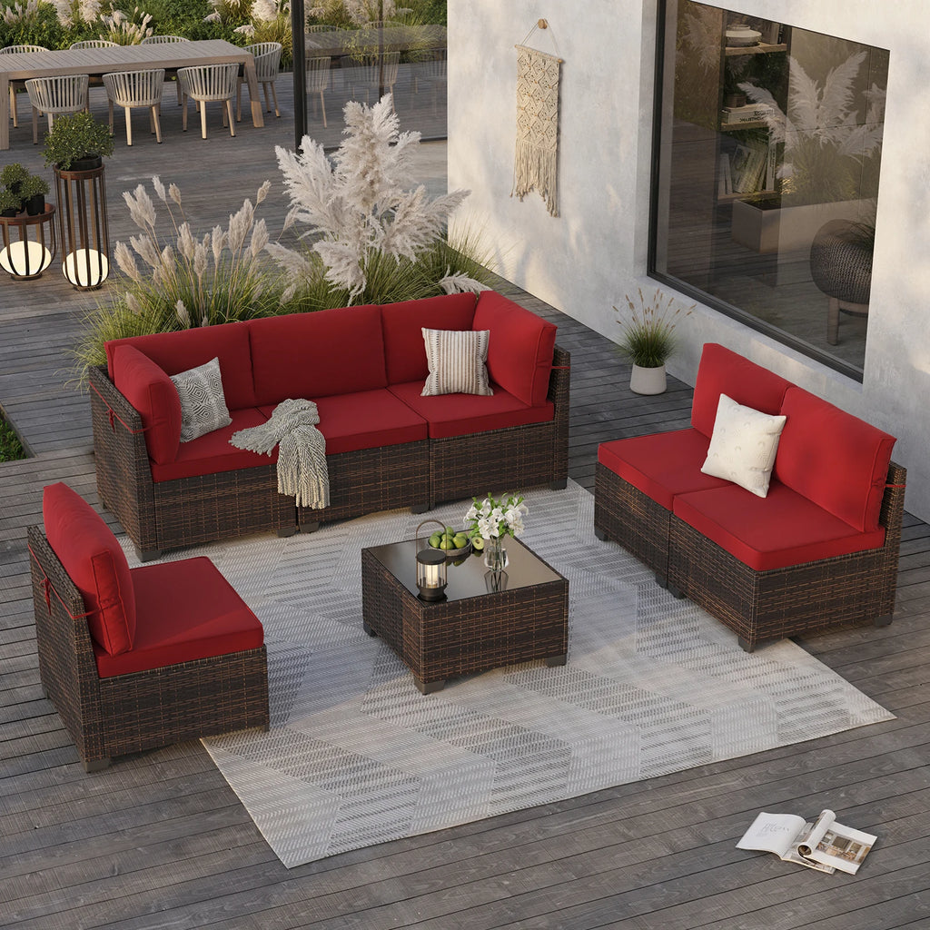 7 Piece Patio Furniture Set, Outdoor Sectional Rattan Conversation Set for Garden, Porch, Backyard
