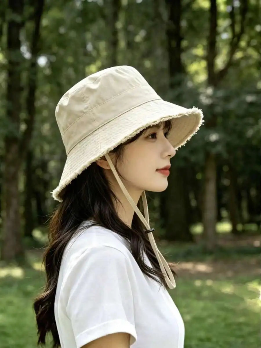 1pc/Set Women's Drawstring Bucket Hat, Adjustable Chin Strap Design, Distressed Effect, Soft Fabric, Sun Protection, Windproof,