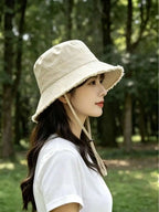 1pc/Set Women's Drawstring Bucket Hat, Adjustable Chin Strap Design, Distressed Effect, Soft Fabric, Sun Protection, Windproof,