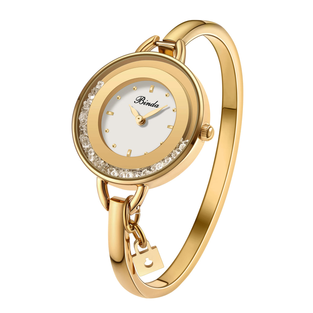 Binda Women’s Elegant Waterproof Quartz Watch – Rainbow Gold Stainless Steel Bracelet, Round Delicate Dial